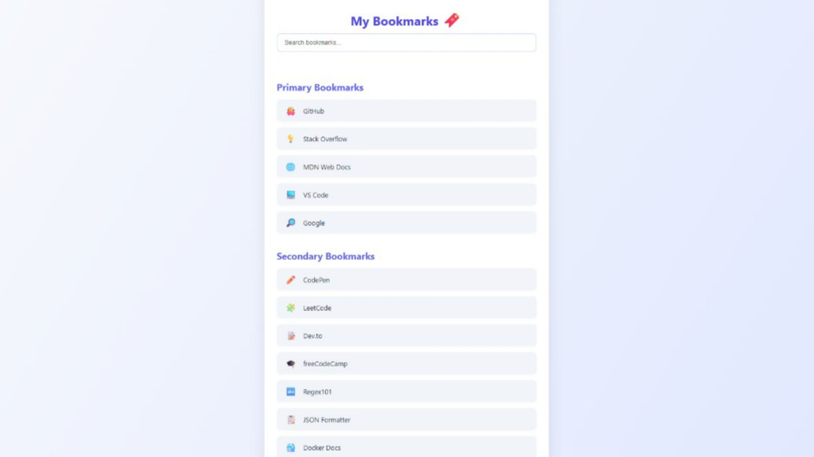 Screenshot of a custom-built bookmark manager platform